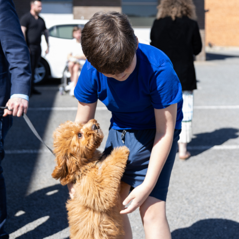 NDIS participant bends down to hug an enthusiastic dog.